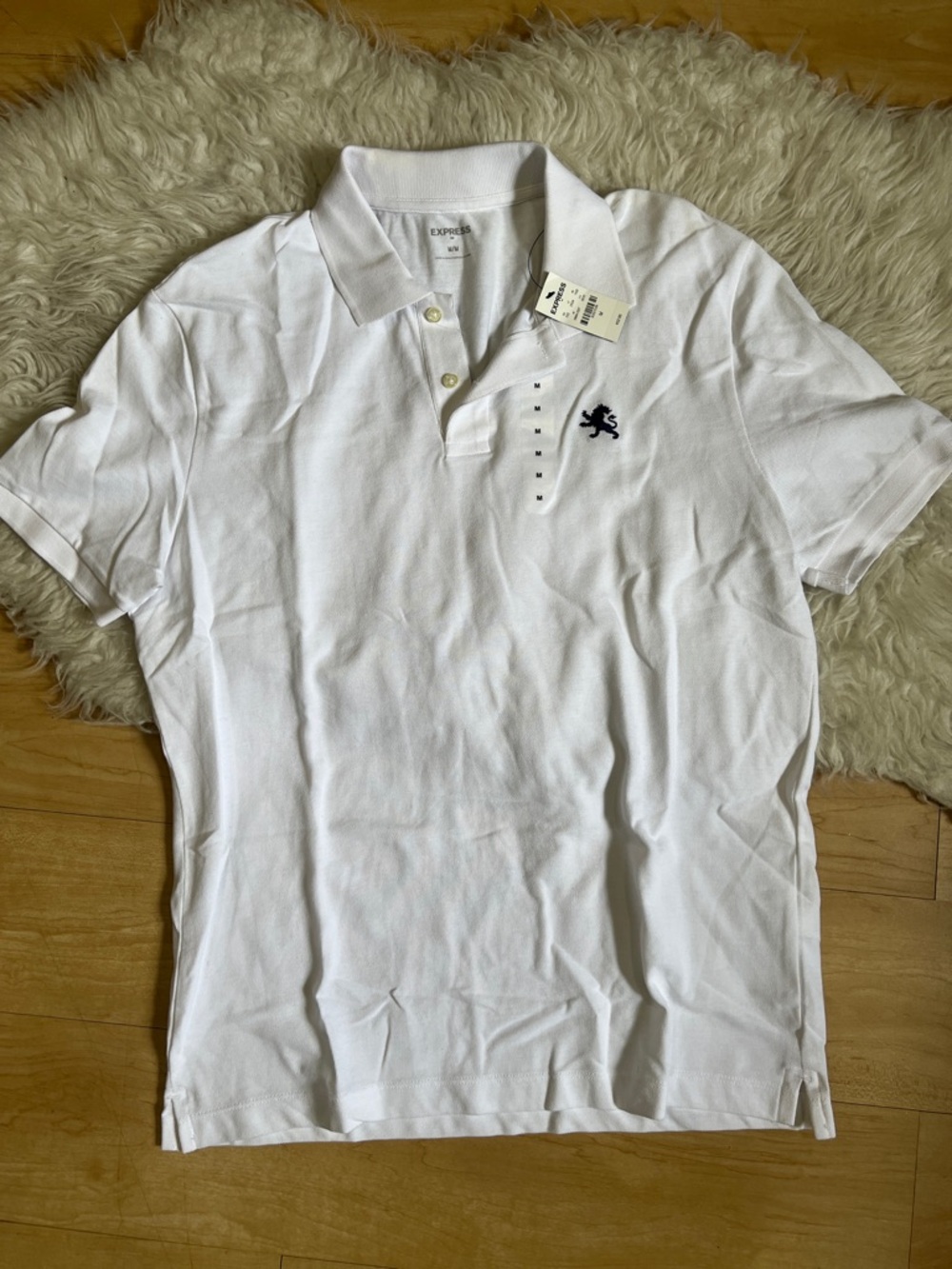 Express Men’s White Polo with Navy Embroidered Lion